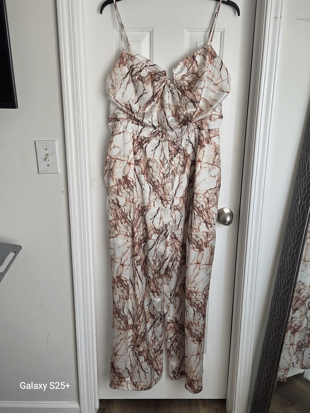 Fashion Nova Marble-Print Spaghetti Strap Jumpsuit - Cream & Brown